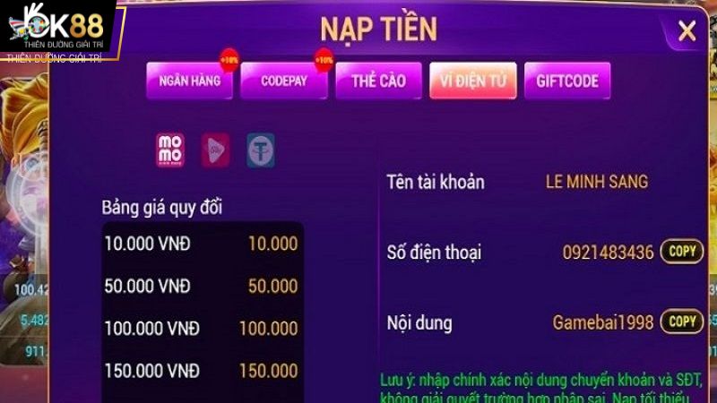 Nhập thông tin nạp tiền OK88